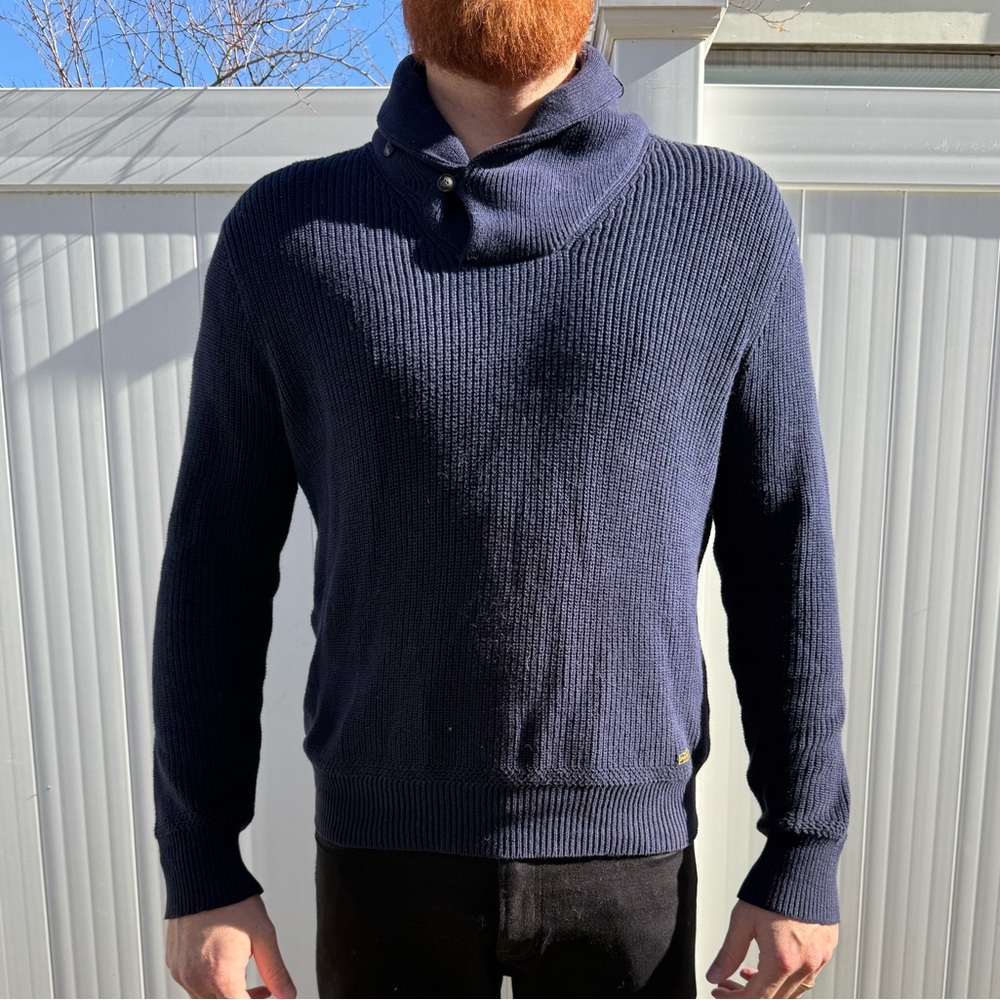 Men's Navy Sweater with Button Shawl Collar Polo by Ralph Lauren